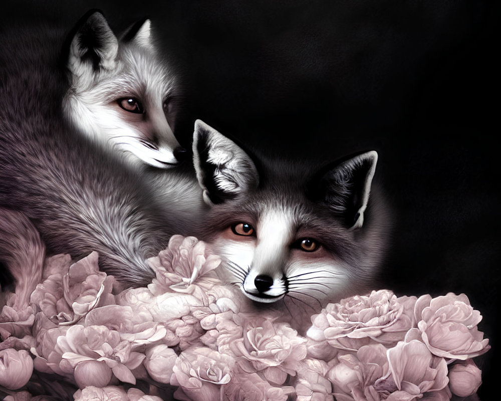 Realistic foxes with expressive eyes among pink peonies on dark backdrop