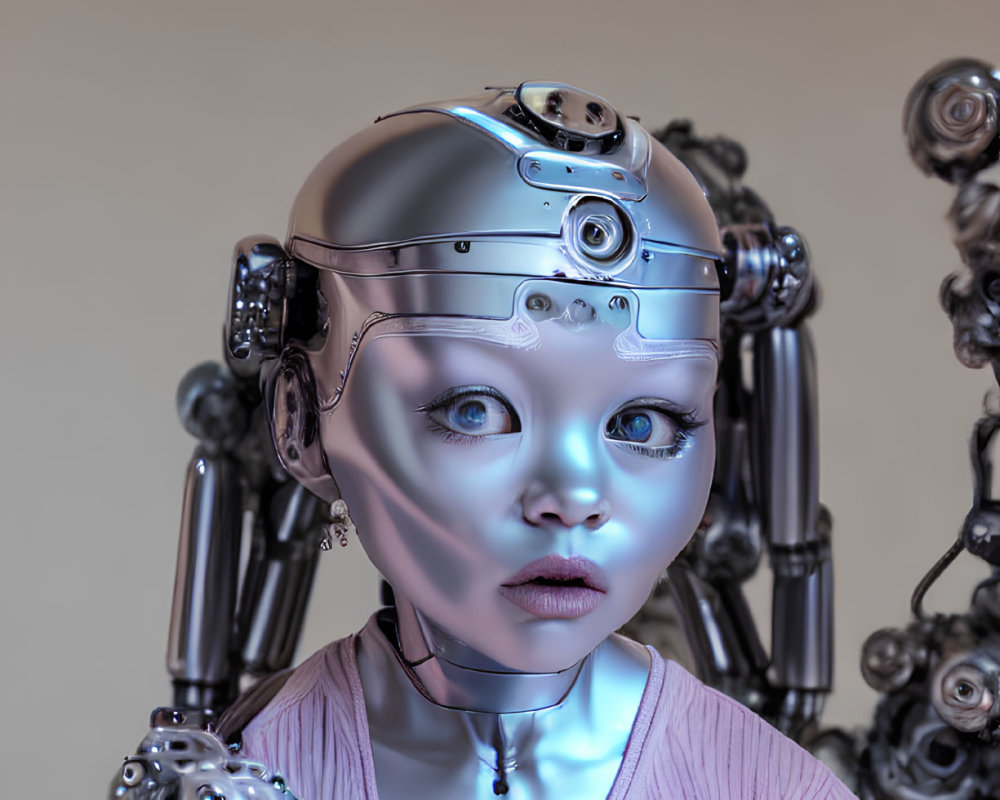 Realistic humanoid robot with detailed mechanical features and lifelike face among similar robotic forms