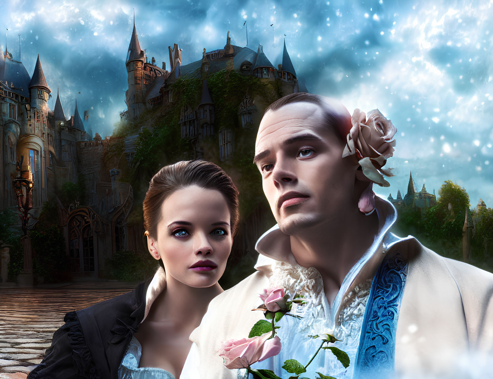 Man and woman in historical attire with castle backdrop and starry sky.