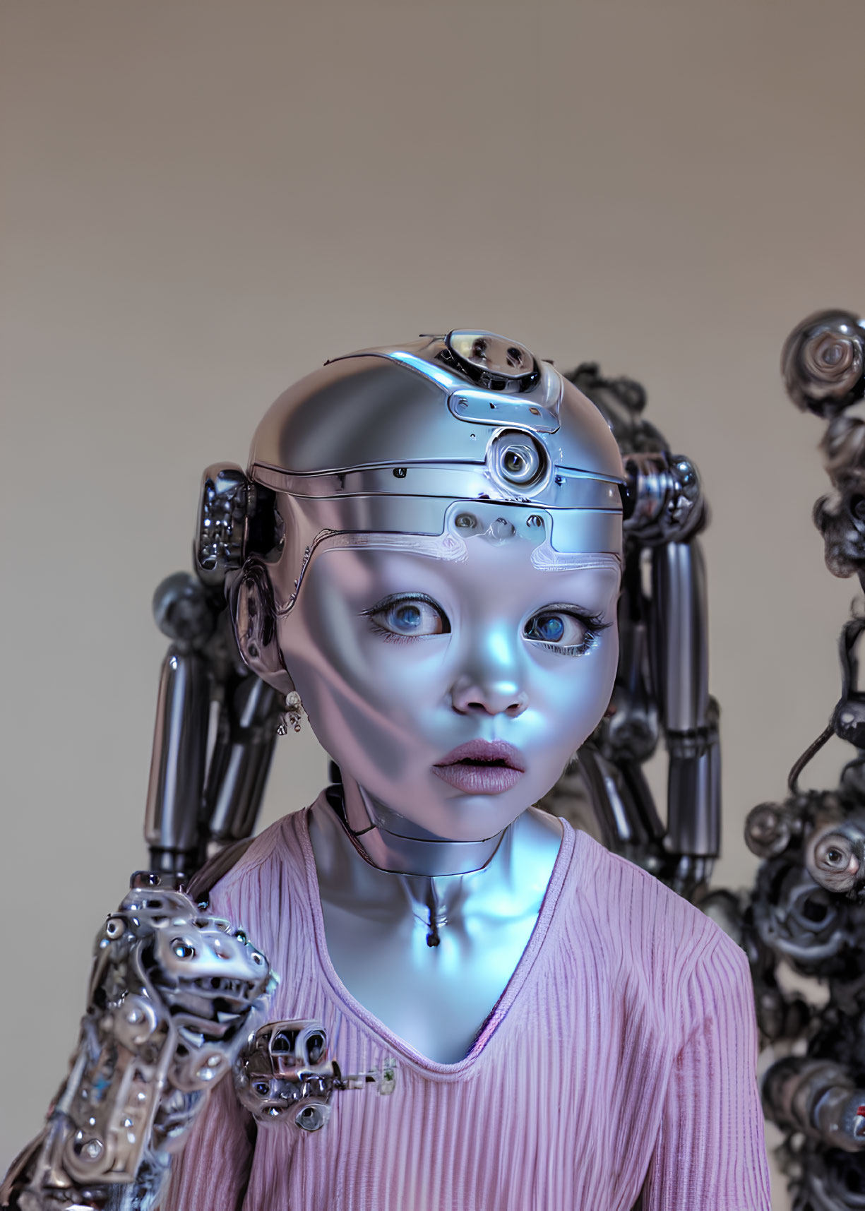 Realistic humanoid robot with detailed mechanical features and lifelike face among similar robotic forms
