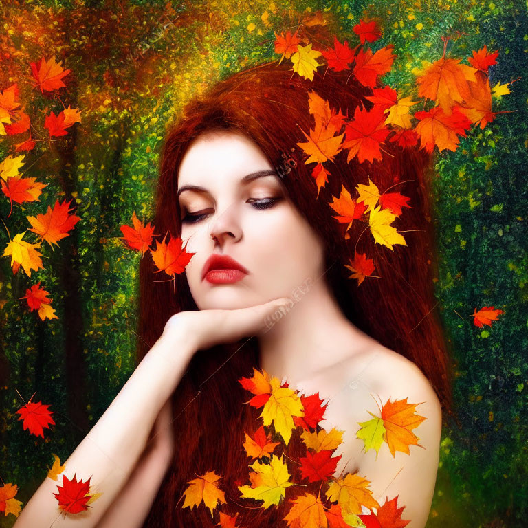 Red-haired woman in autumn leaves with eyes closed against forest backdrop