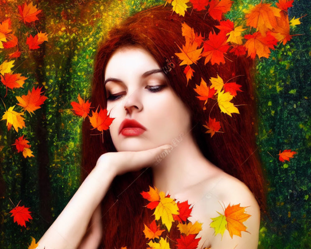 Red-haired woman in autumn leaves with eyes closed against forest backdrop