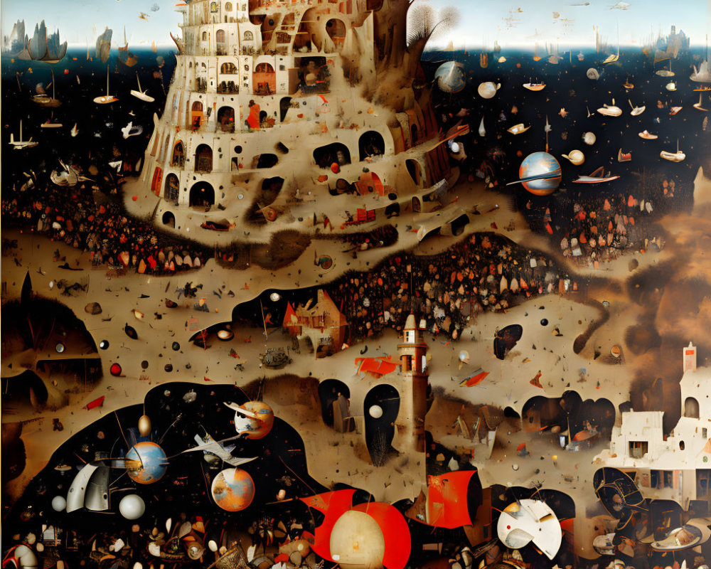 Surreal painting: Complex tower, fantastical creatures, flying ships, futuristic spheres, chaotic scenes