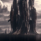 Sci-fi landscape with towering spires, serene lake, moon, and flying craft