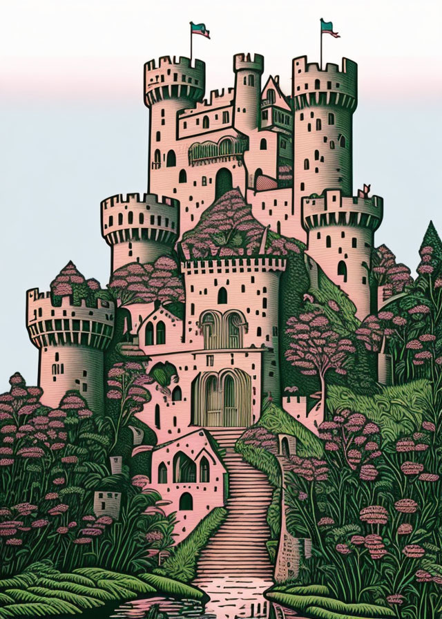 ai, castle, woodcut, pink, ginger, naive art