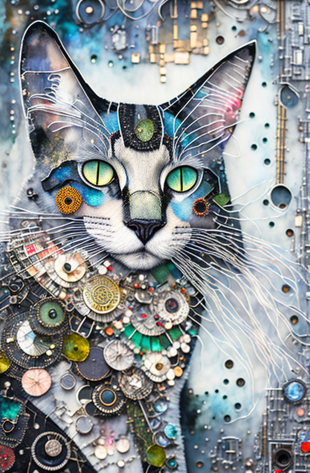 electronic watercolor cat patchwork portrait