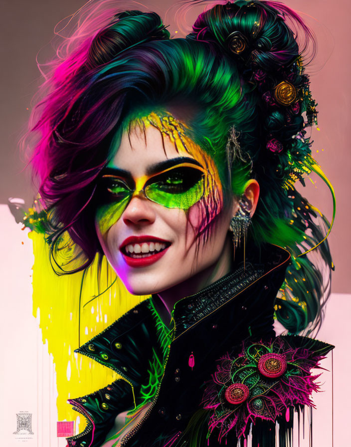 Colorful portrait of a person with rainbow hair and punk-rock style