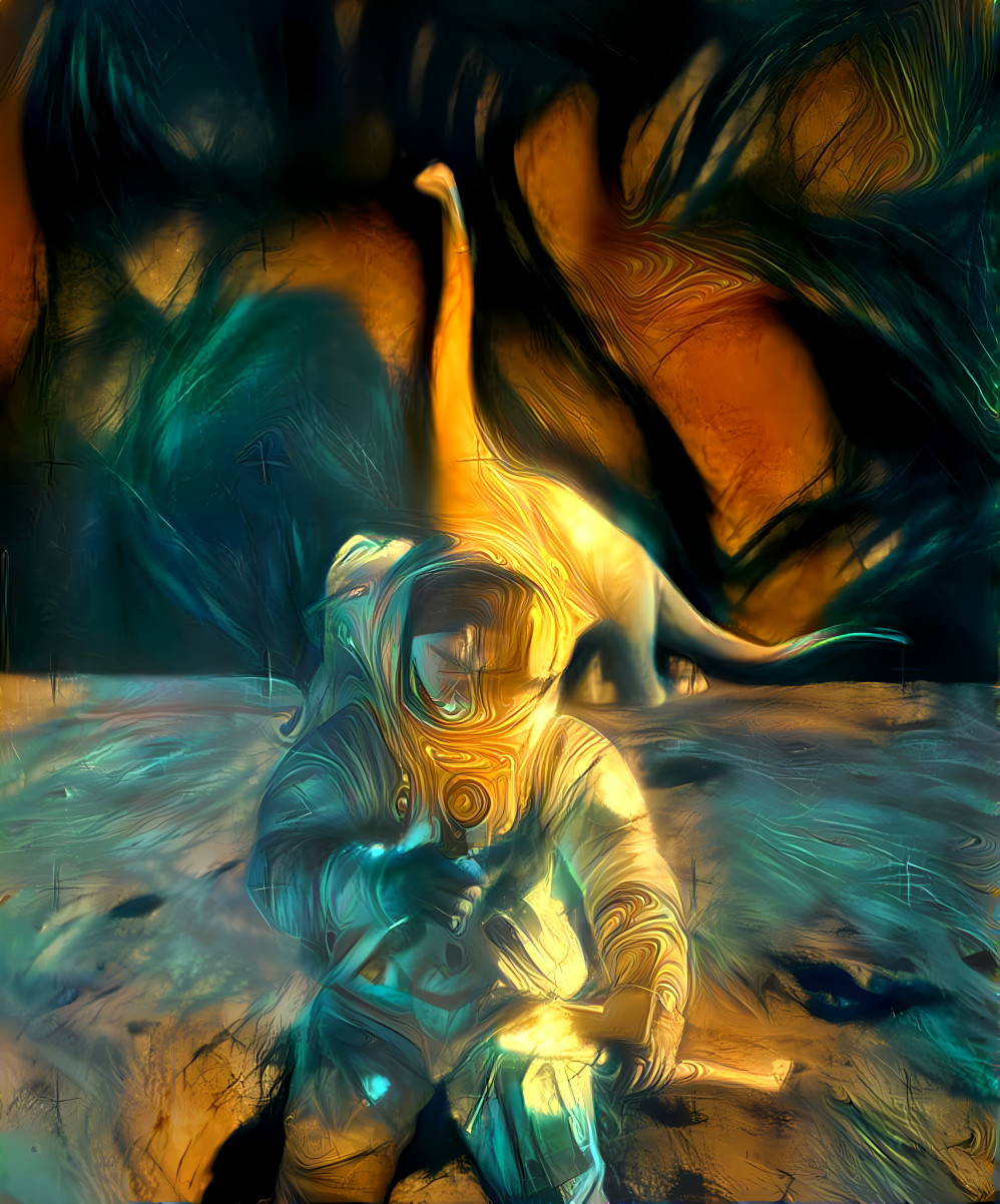 dinosaur and astronaut on moon