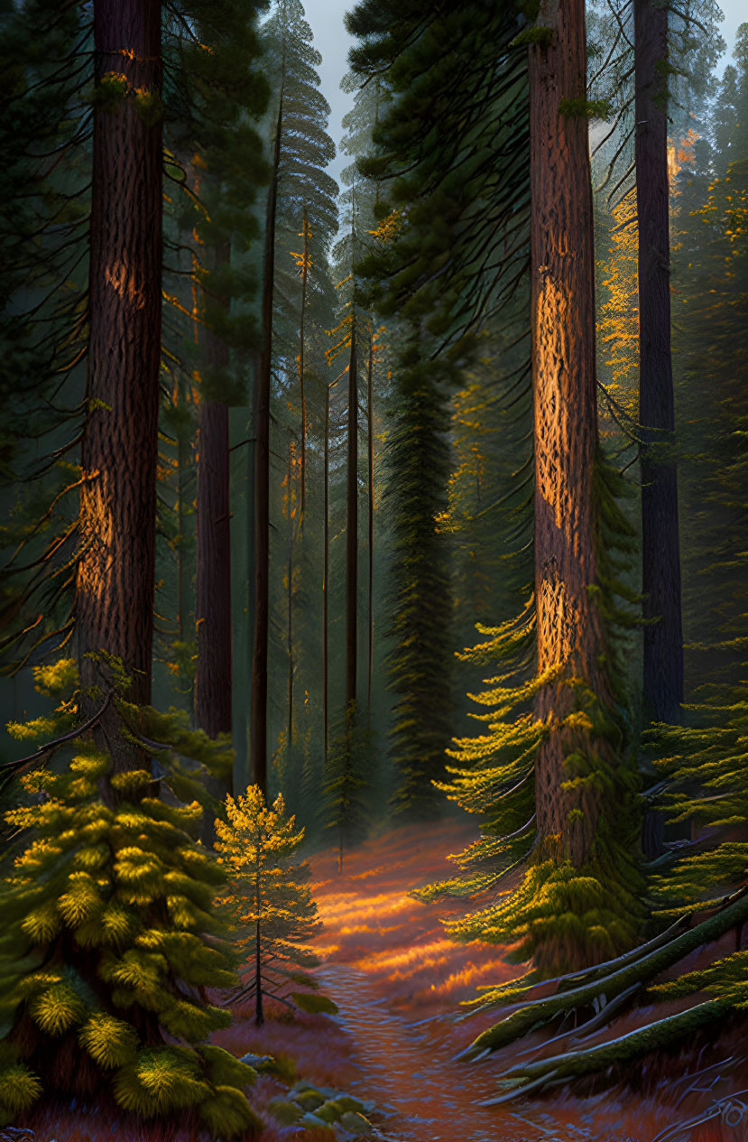 foggy pine oak forest landscape