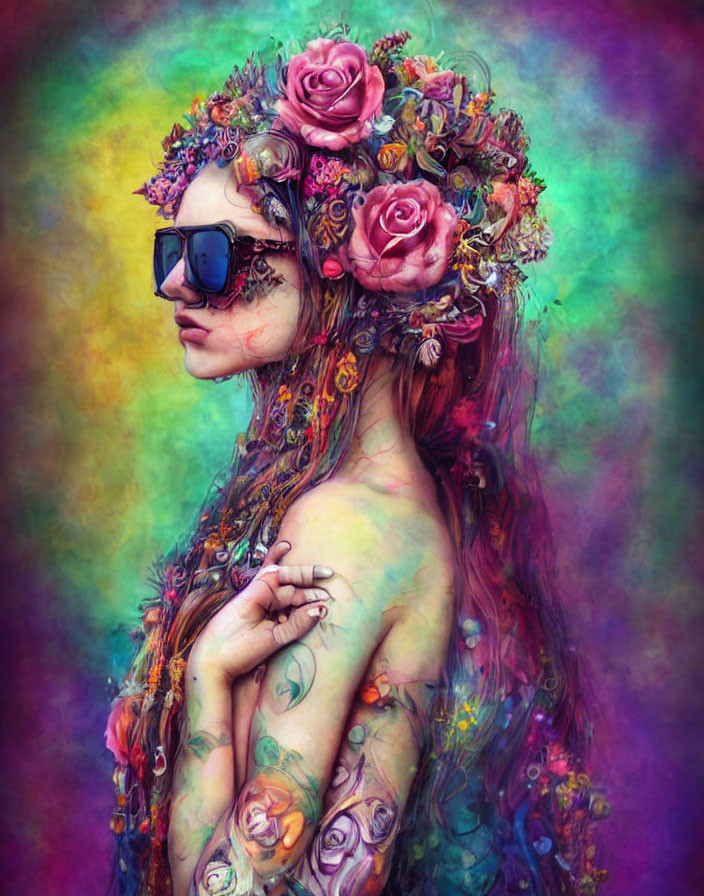 Colorful Artwork: Woman with Floral Headpiece, Sunglasses, and Tattoos