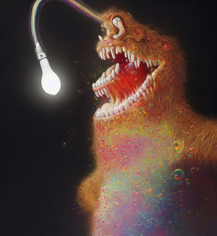 Colorful surreal creature with multiple rows of teeth and a glowing lightbulb mouth on dark background