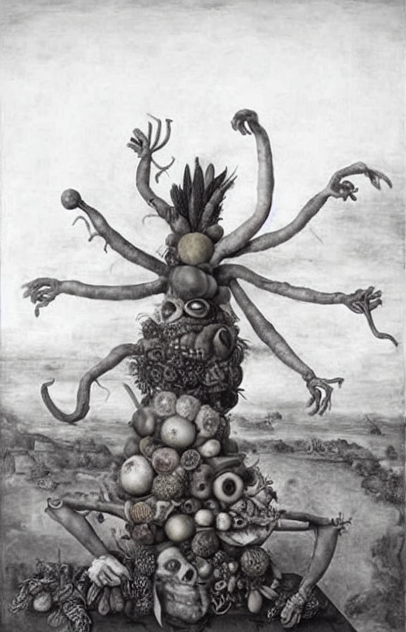Monochrome surreal drawing of tall totem figure with fruit, skulls, and faces.
