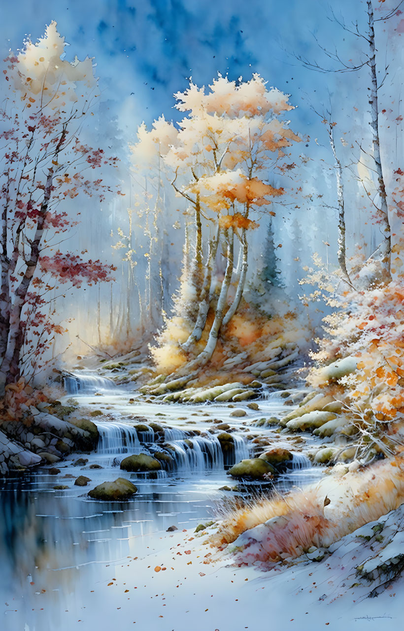 autumn forest dream landscape, watercolor