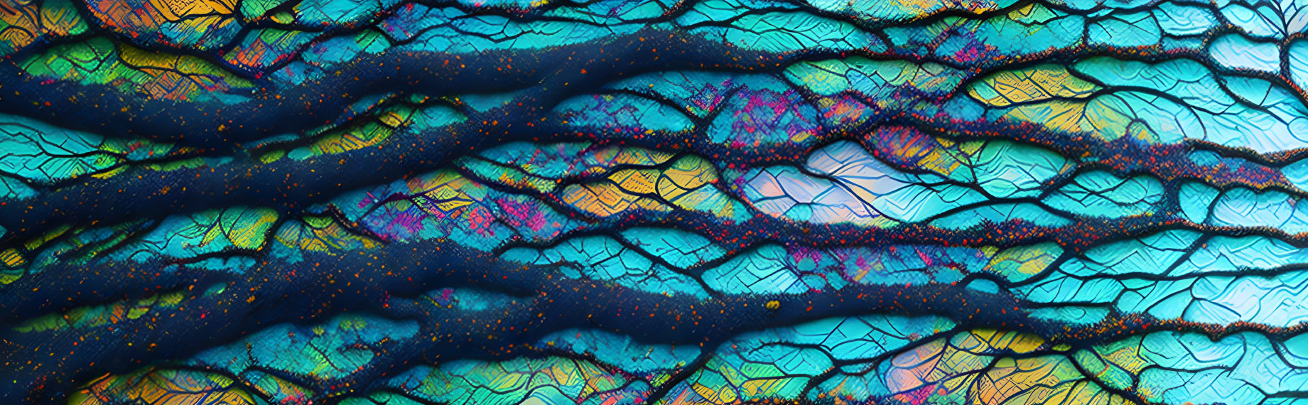 Colorful abstract artwork with crackled textures in blue, yellow, and pink.
