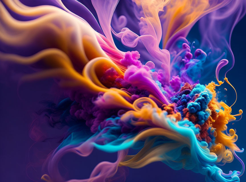 Colorful Swirls of Purple, Blue, and Orange in Dynamic Ink Dispersion