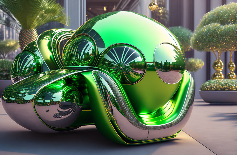 elaborate spherical green sci-fi chrome armchair