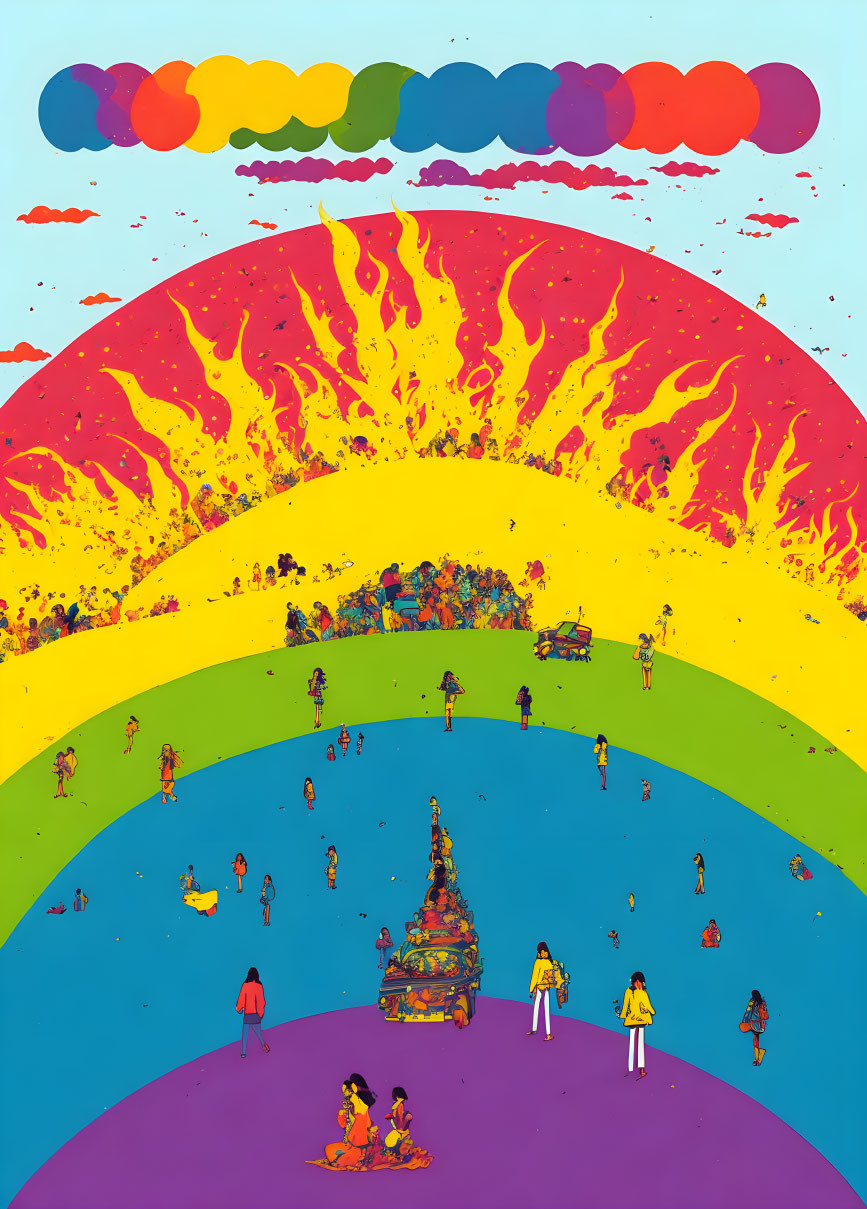 woodstock festival comic book, rainbow colors