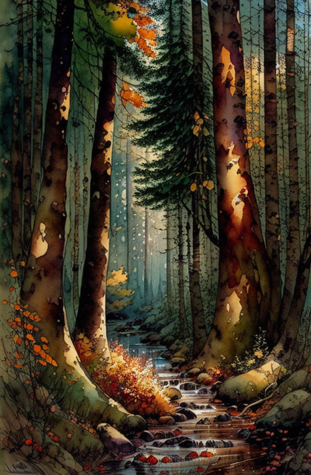 autumn forest path, watercolor ink landscape
