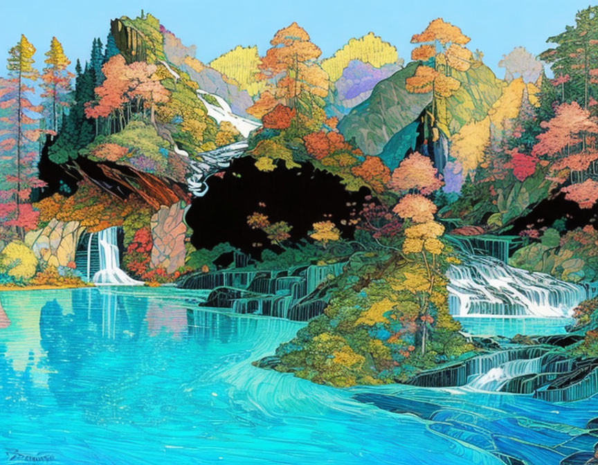 autumn waterfall landscape, zentangle patchwork