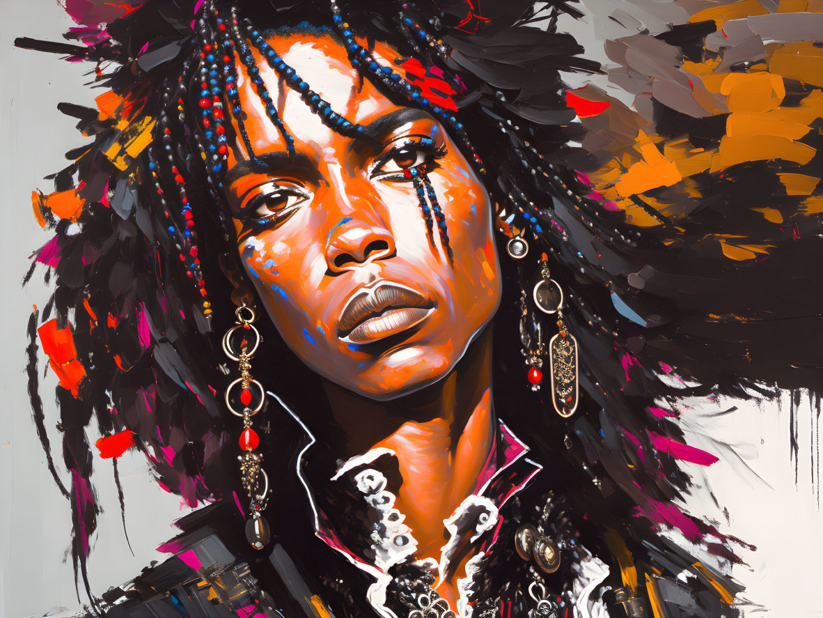 Colorful portrait of a person with beaded hair and intense gaze on abstract backdrop