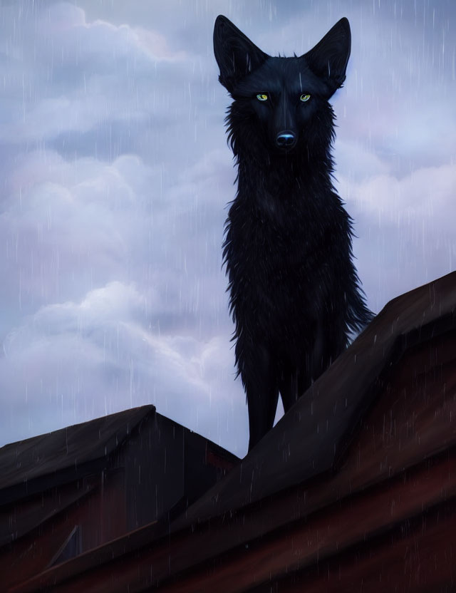 Black Wolf with Piercing Eyes on Dark Roof Under Rainy Sky
