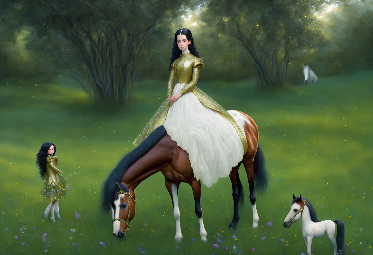 Digital artwork: Woman in golden medieval gown on horse in enchanted meadow