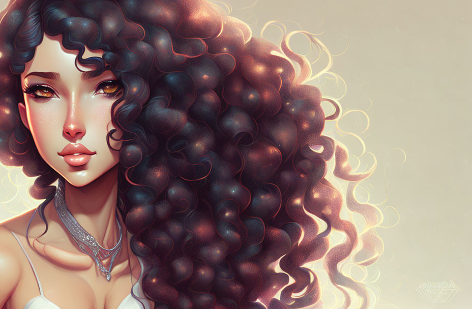 Digital Artwork: Woman with Voluminous Curly Hair and Delicate Jewelry
