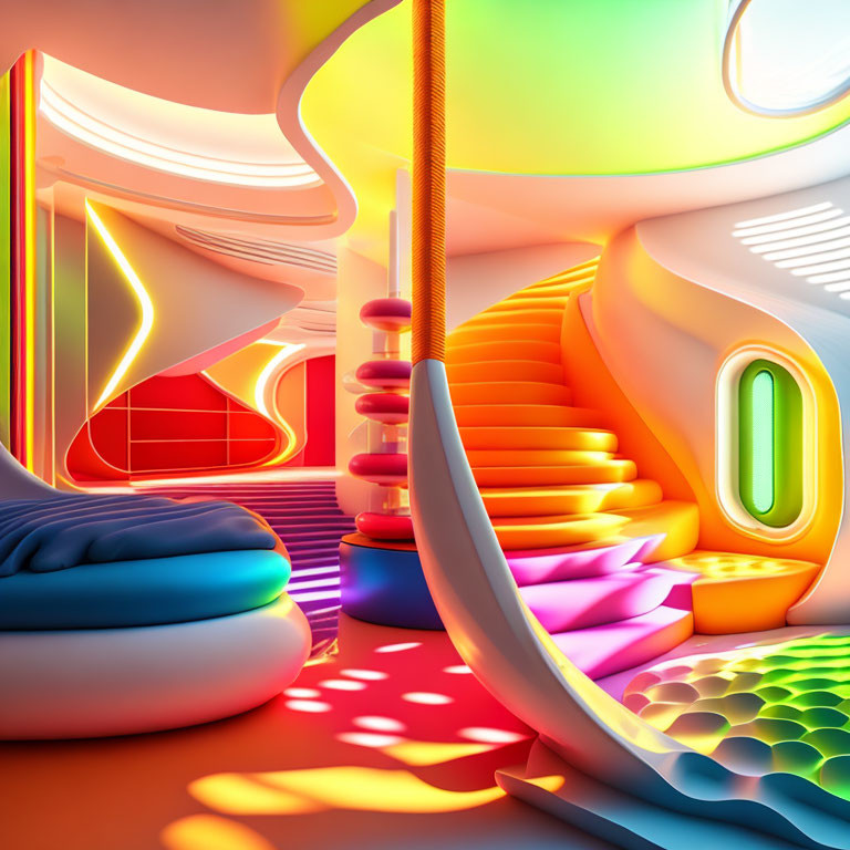 futuristic bright rainbow colored room design