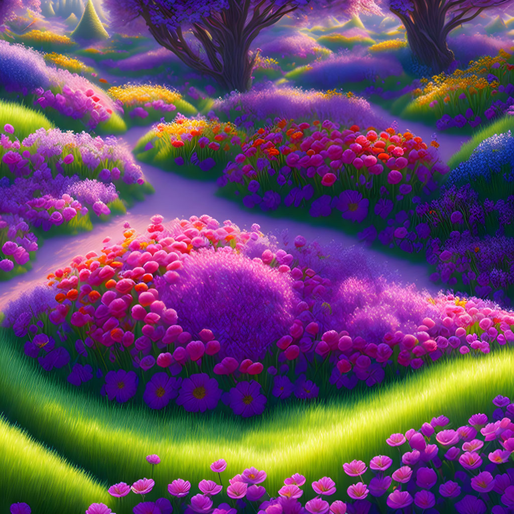 ai, flower landscape, green, purple, pink