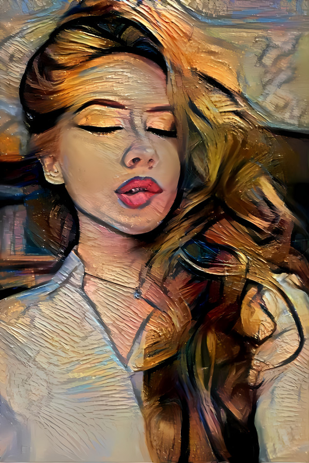 redhead model, eyes closed, biting lip, retexture