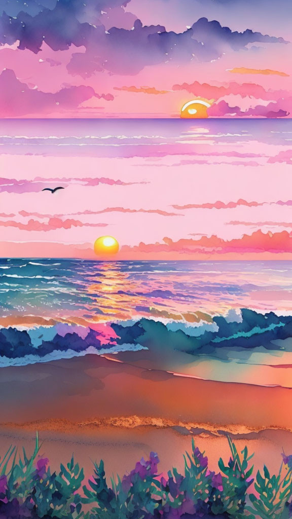 retro peach sunset ocean beach watercolor