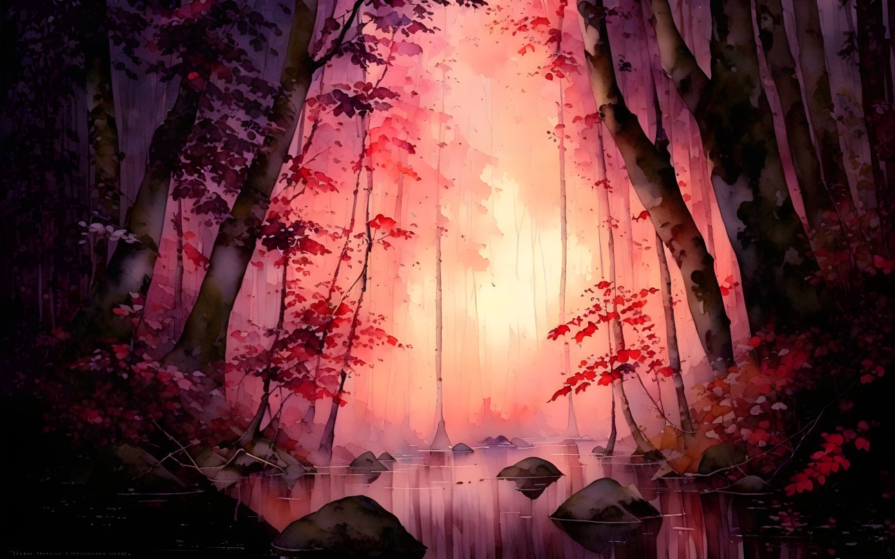 ai, warm forest watercolor, red tones