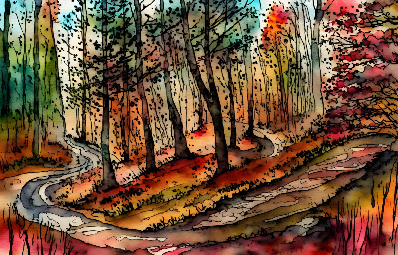 curvy drippy autumn forest watercolor dream