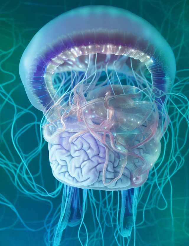 Digital artwork merging jellyfish with human brain symbolizes brain functionality.