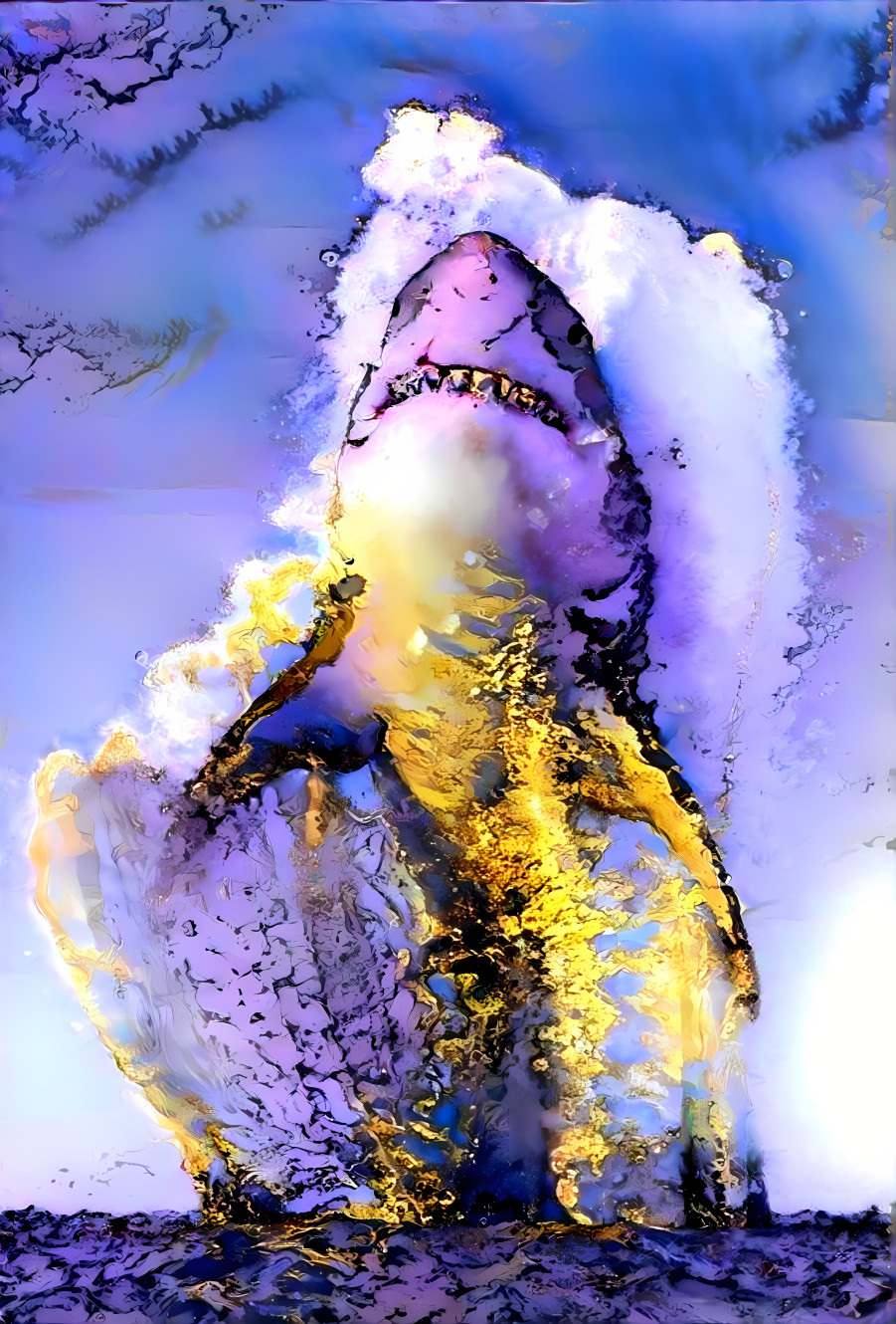 shark surfaces, purple, white, gold, painting