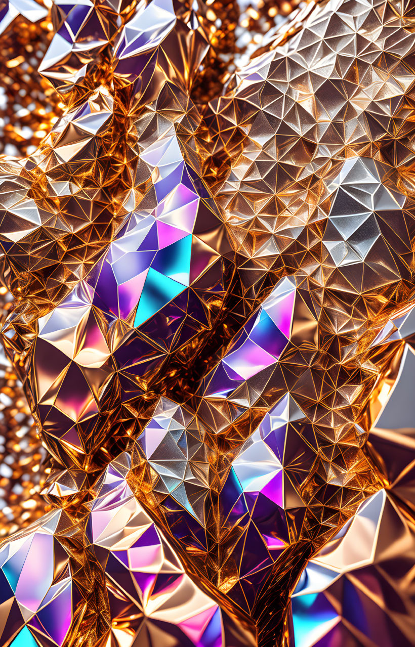 Iridescent gold geometric shapes form complex 3D pattern