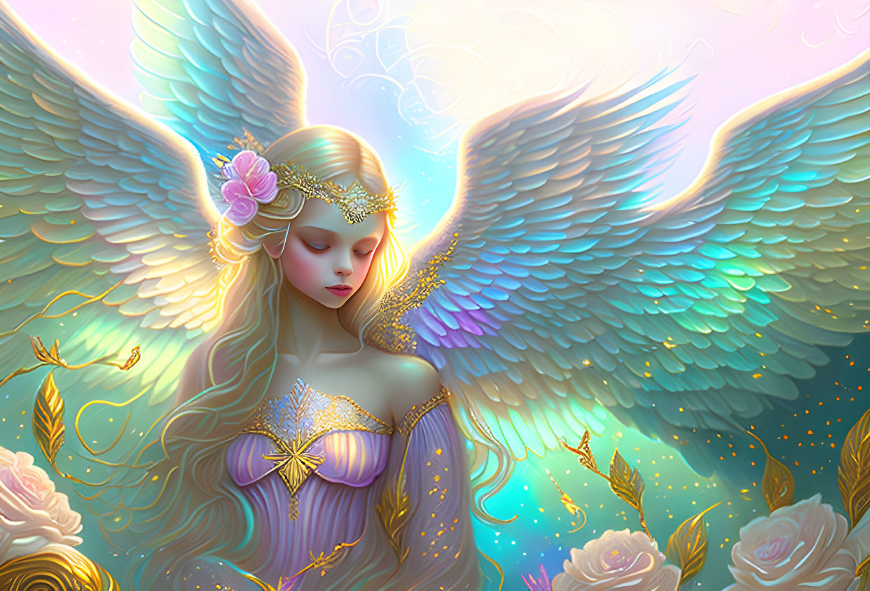 Golden-haired angel with blue wings in a radiant aura among roses