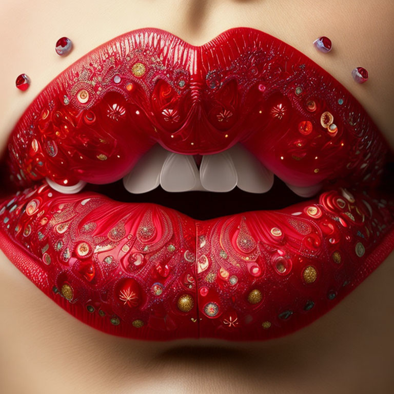 Detailed Close-Up of Vibrant Red Lips with Golden Patterns and Gemstones