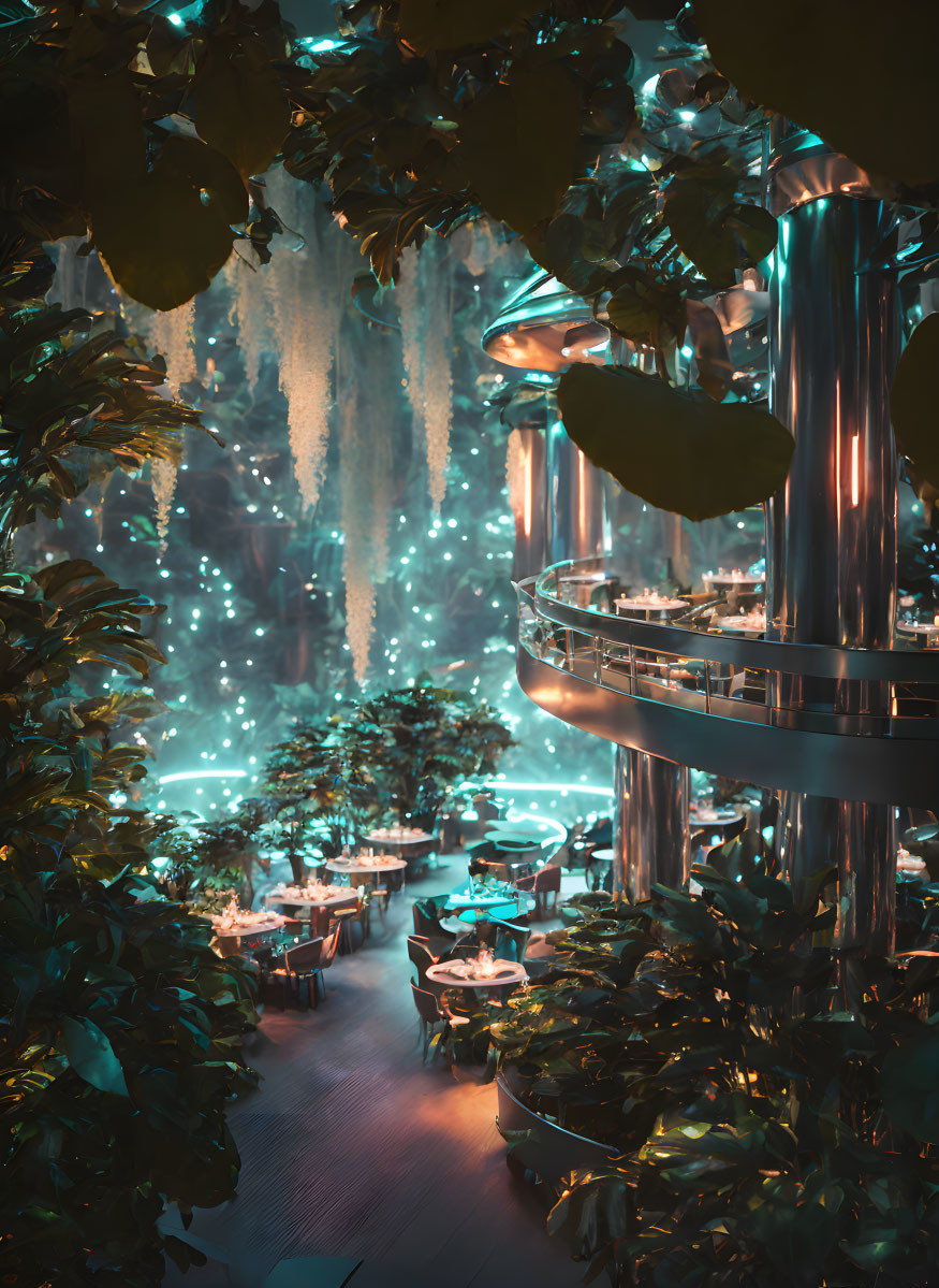 futuristic tropical sci-fi restaurant