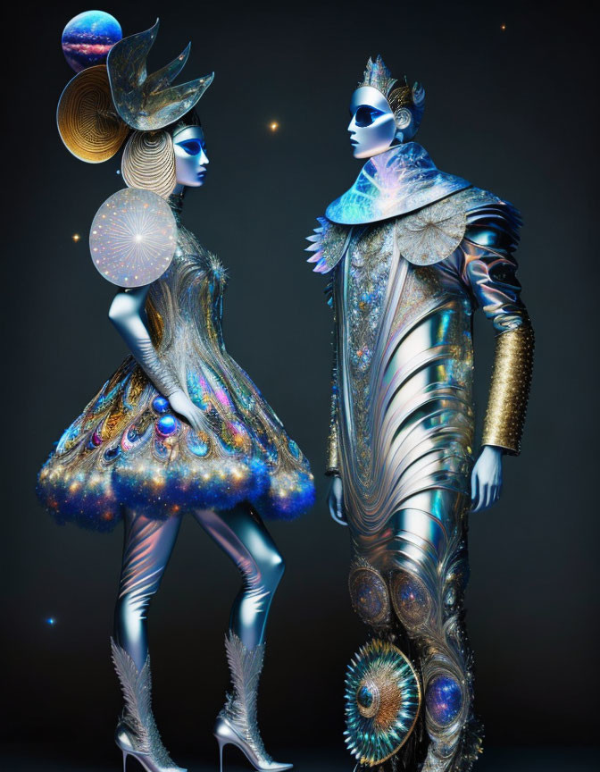 Futuristic models in metallic body paint with cosmic costumes