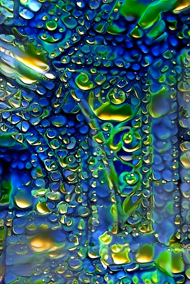 architectural detail, green / blue water droplets