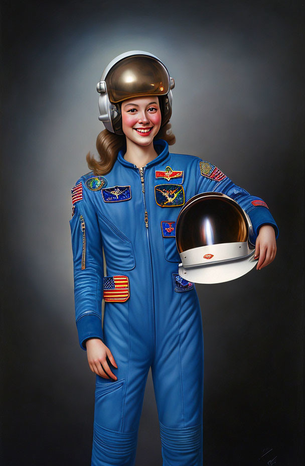 Smiling woman in blue astronaut suit holding helmet, grey backdrop