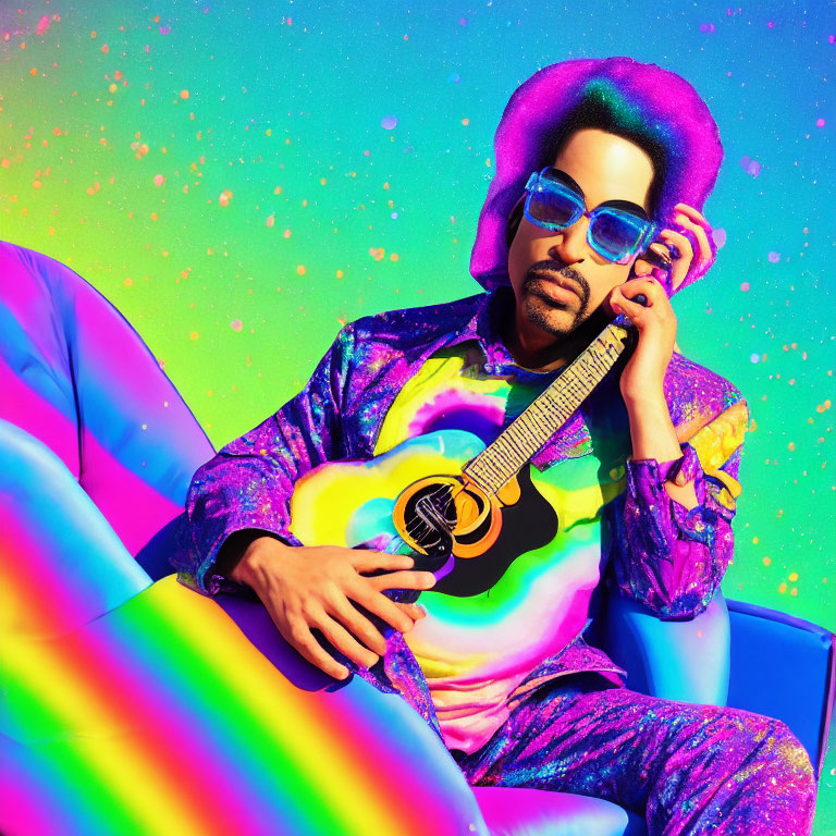 Vibrant portrait of person in psychedelic attire with miniature guitar, pink afro hair, and blue