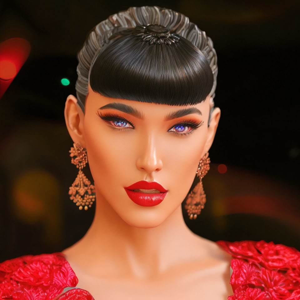 Illustrated portrait of a woman with slicked-back hair, blue eyeshadow, red lipstick,