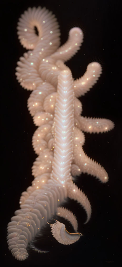 White Marine Worm with Feather-Like Appendages on Black Background