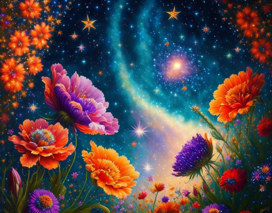 Colorful Flowers and Starry Night Sky with Swirling Galaxy