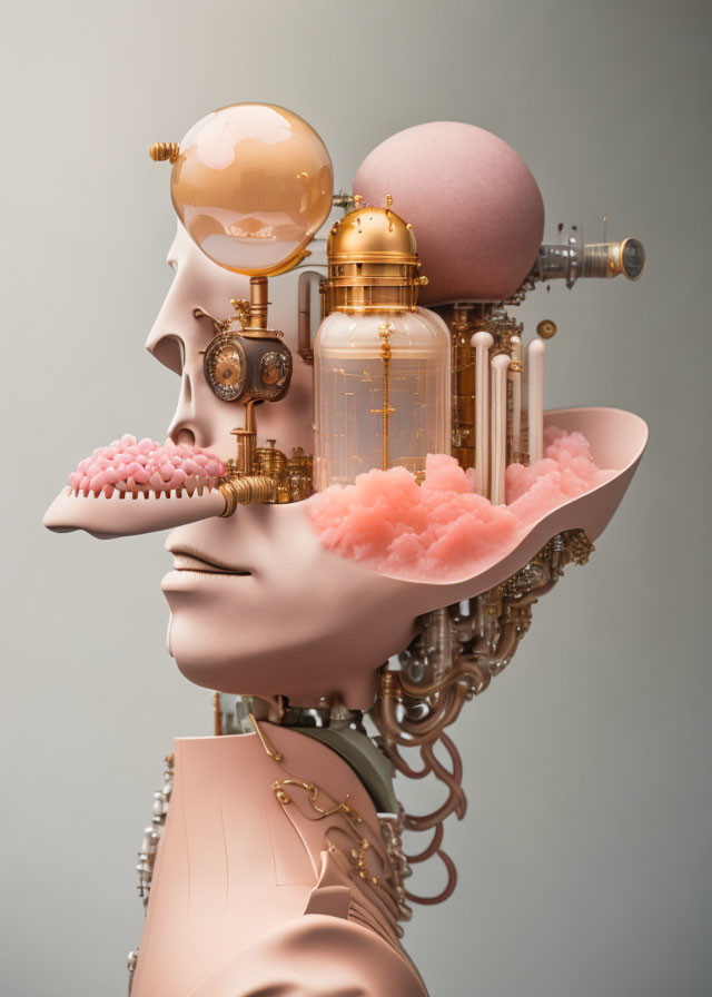 surreal cybernetic steampunk aquarium head 
