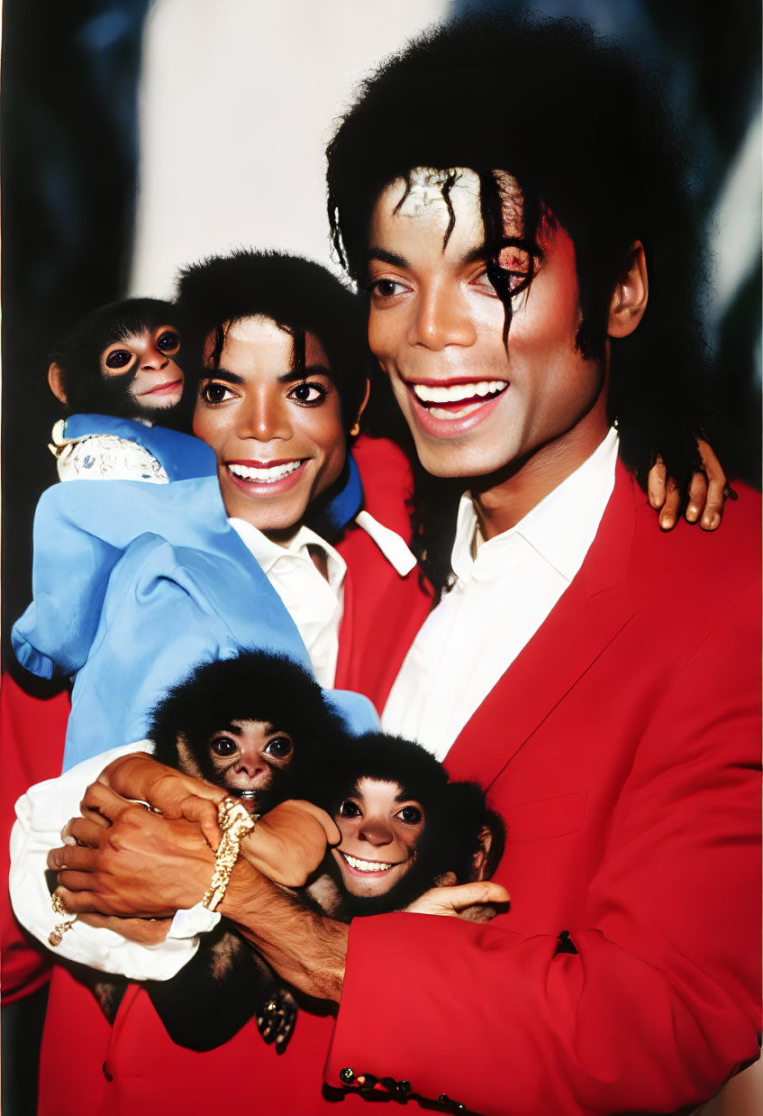 Person in red suit holding two primates, with another figure in blue suit.
