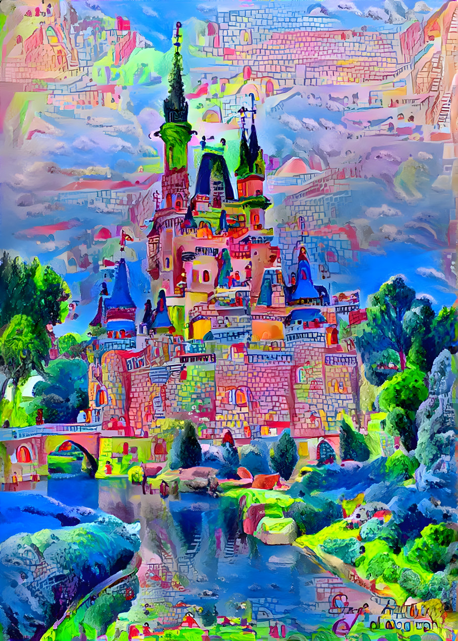 castle, blue, green, pink, painting
