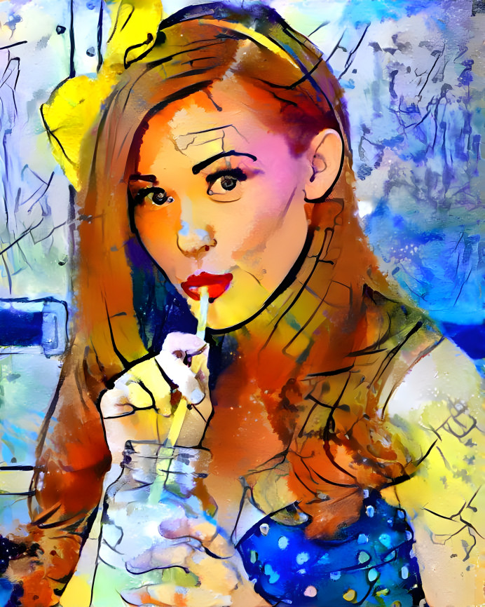 redhead model drinking through straw, painting